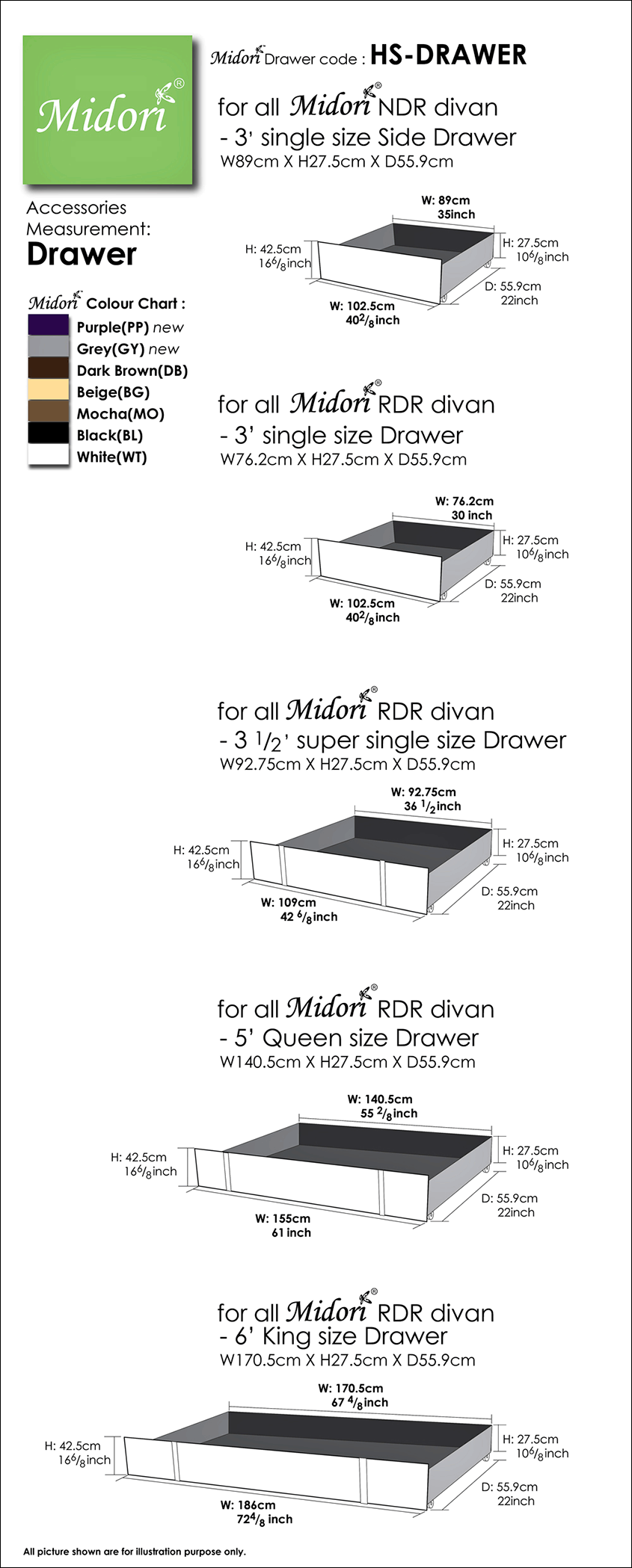 Midori Furnishing & Bedding - Drawers Measurement