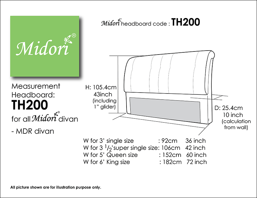 Midori Furnishing & Bedding - Headboard TH200 Measurement